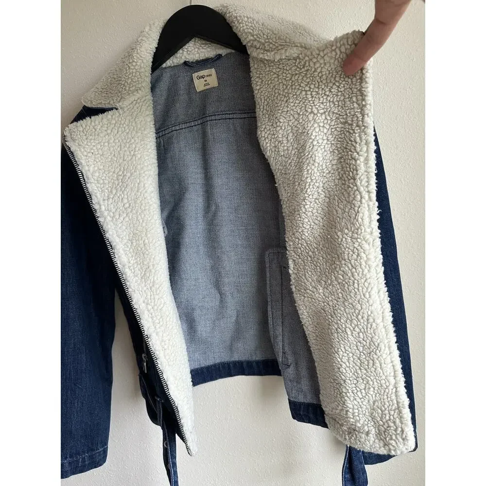 Gap Women's Denim Jacket XS Sherpa Lined Biker Belt Buckle Blue 1969